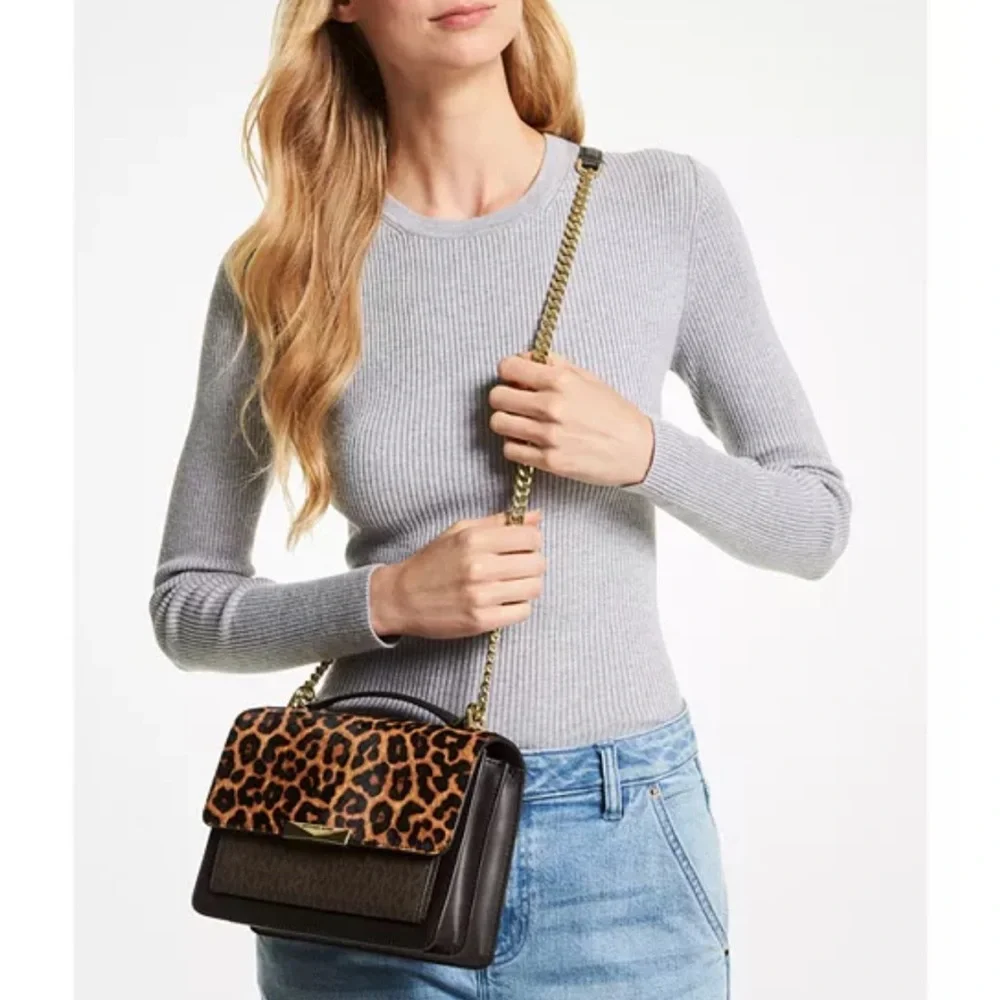 NEW Michael Kors Jade Large Gusset Crossbody Leopard Leather Handbag